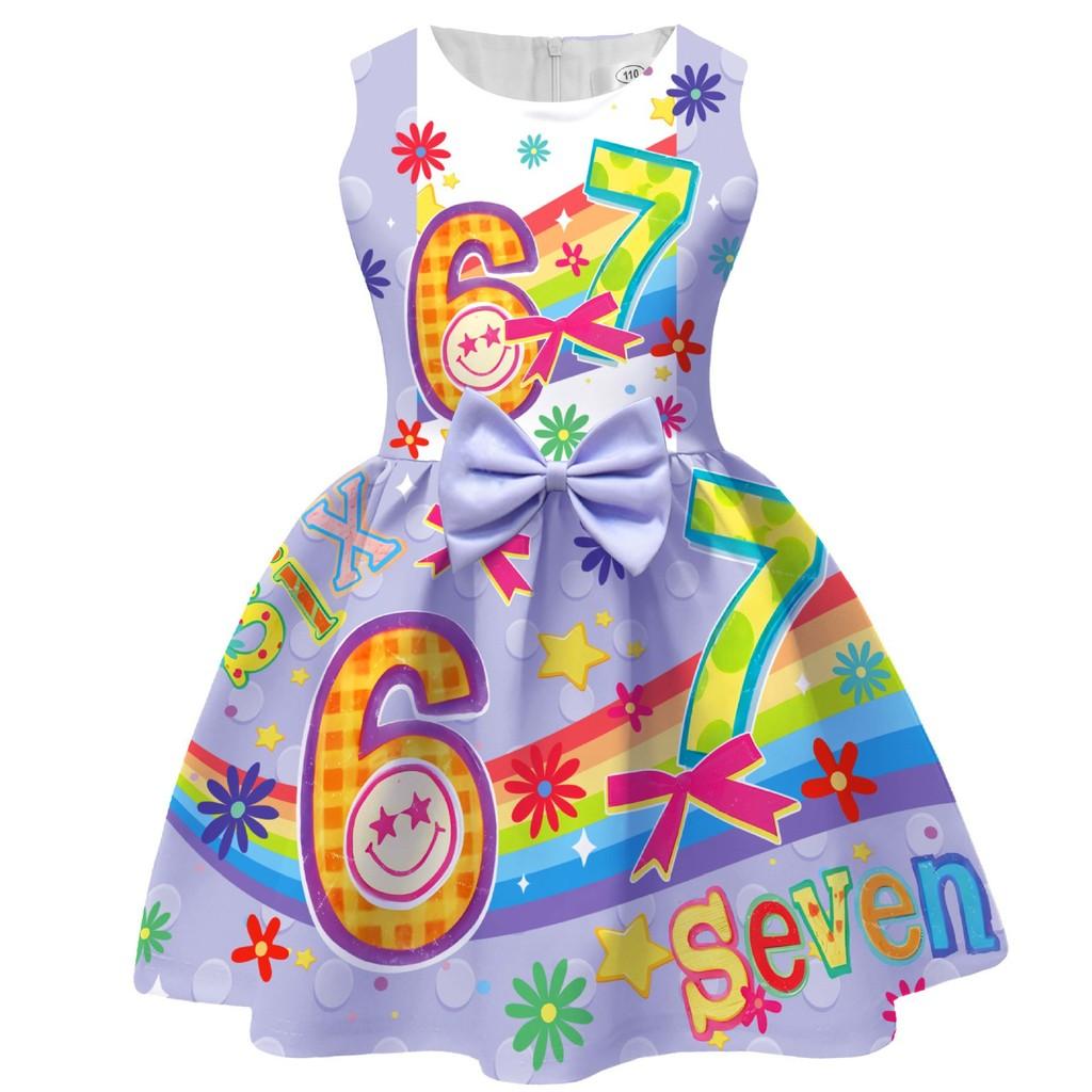 94238 Girls Steal A Brainrot 67 Printed Bow Party Sleeveless Princess Dress