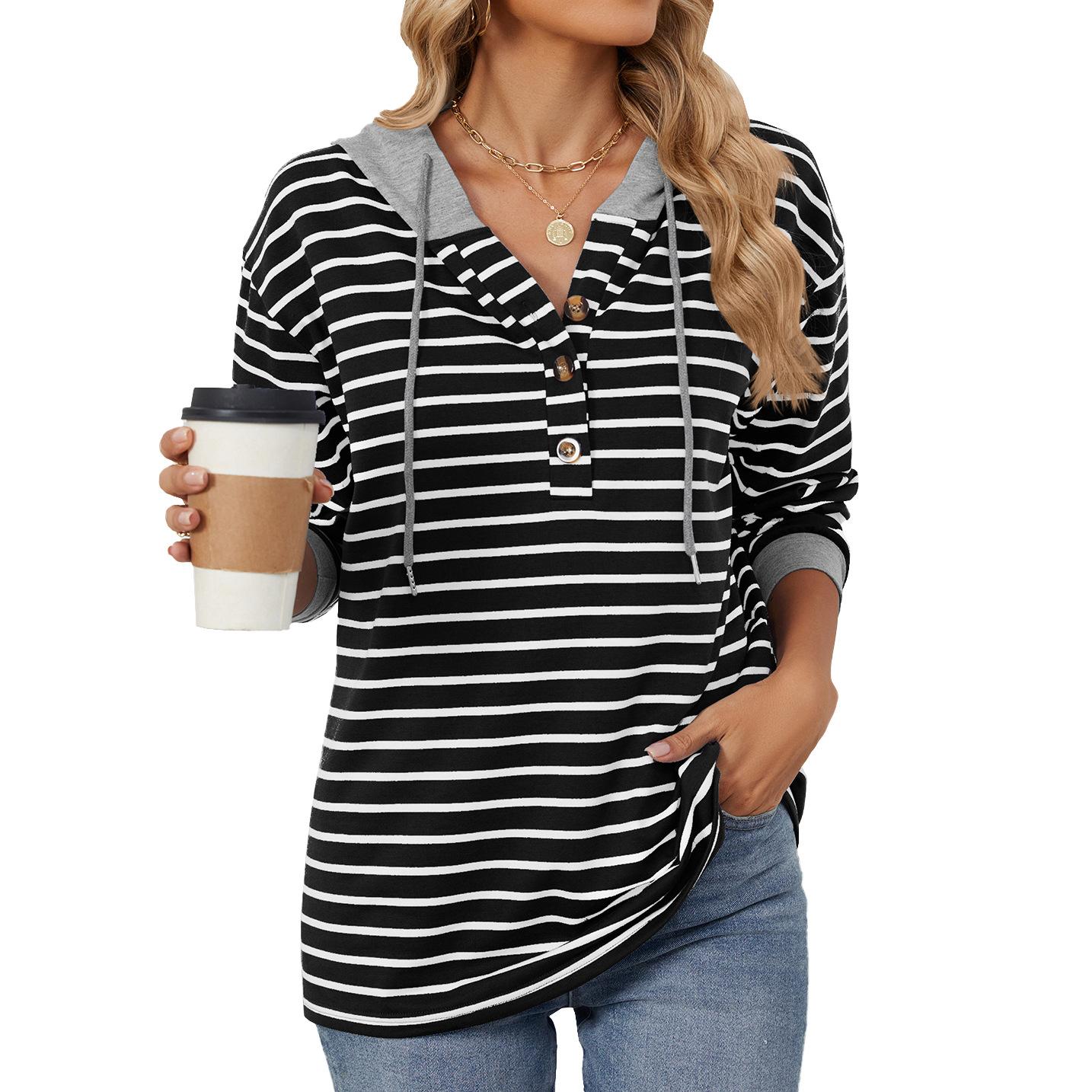 

Women s Striped Hooded Button-Up Casual Top with Drawstring and Multiple Color Options S