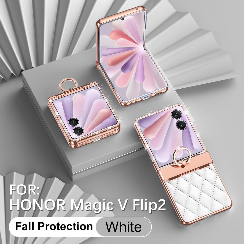 Luxury Fashion Diamonds Leather Plating Ring Holder Phone Case For Honor Magic V Flip 2 Hinge Full Protection V Flip2 Cover