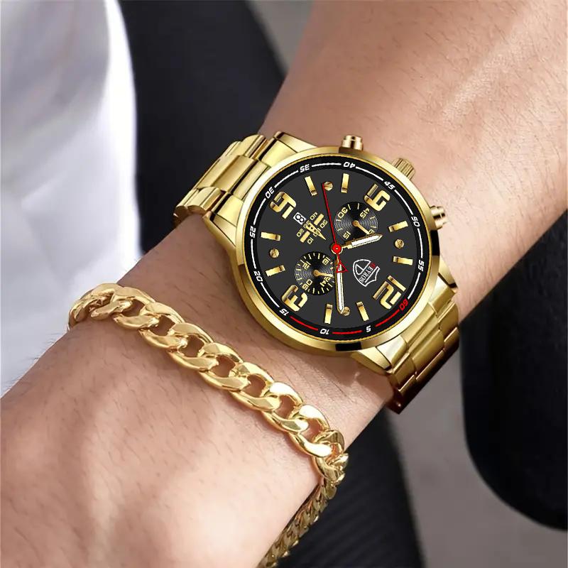 2pcs/set, 1pc Fashion Men's Business Quartz Wrist Watch with Stainless Steel Strap & 1pc Bracelet, Men's Gifts