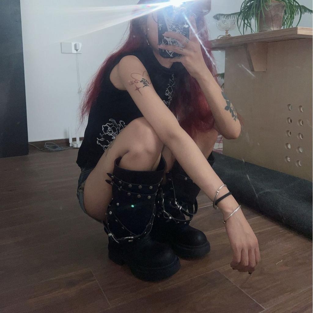 Women Platform Gothic Ankle Combat Boots Rivet Chain Wedges Punk Cosplay Zip Booties Autumn Winter Motorcycle Shoes