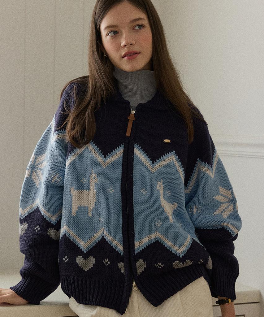 OURHOPE Alpaca Pattern Cowichan Knit Cardigan - Navy