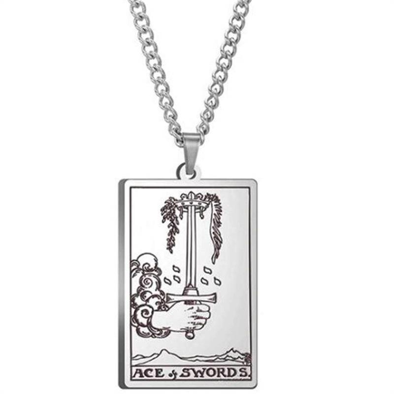 Tarot Stainless Steel Necklace Men'S Hip Hop Personality Retro Square Pendant Sweater Necklace