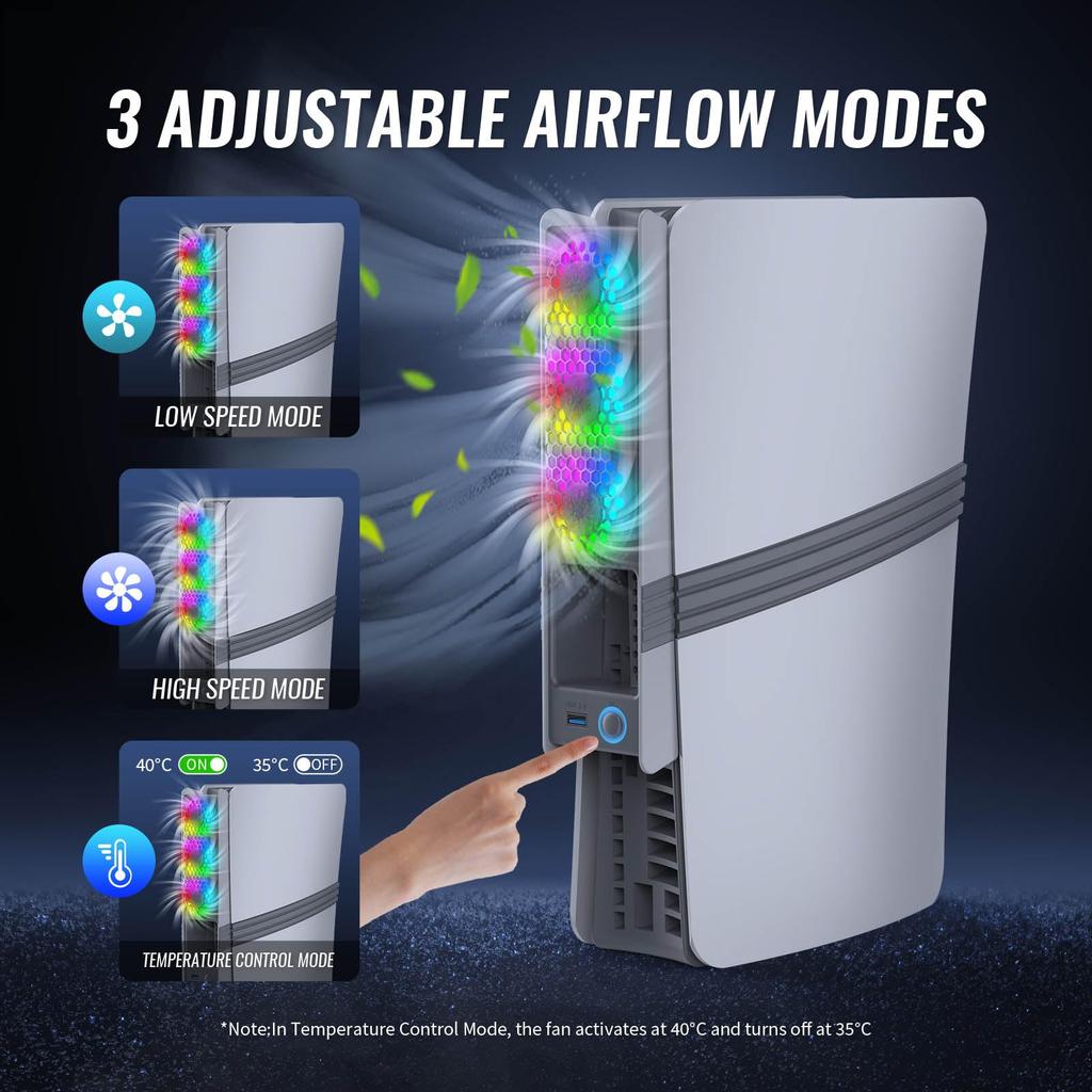 XBERSTAR PS5 Pro Cooling Fan for PS5 Pro/PS5 Slim Controller, Cooling Fan Stand, Rear Fan with RGB Colorful Lights, Cooling Accessories