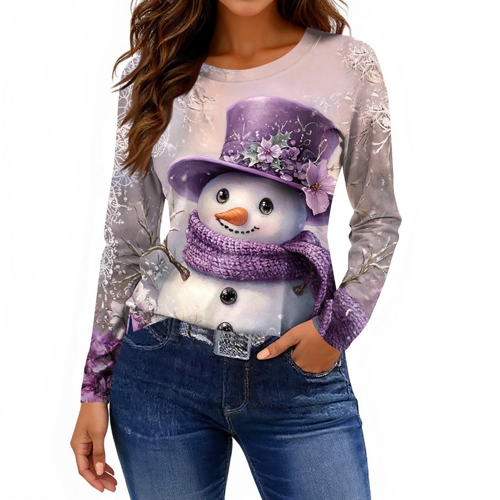 Women's Fashion Casual Slit Hem Round Neck Long Sleeve Loose Printed T-Shirt Ladies Top