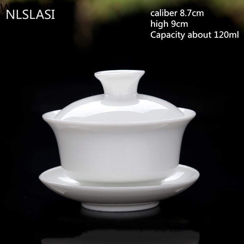 Cuenco de porcelana blanca china con tapa, taza de té, juego de té, tazón de té, taza de té, juego de té portátil de viaje, utensilios para beber para el hogar NLSLASI