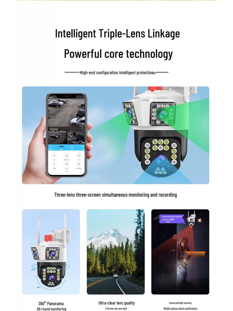 Three-Lens 360° Voice-Controlled Indoor Waterproof HD Monitoring Camera