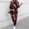 Women Geometric Pattern Print Two Piece Outfit, Long Sleeve Crew Neck Top & Drawstring Jogger Pants Casual Tracksuit for Spring Autumn