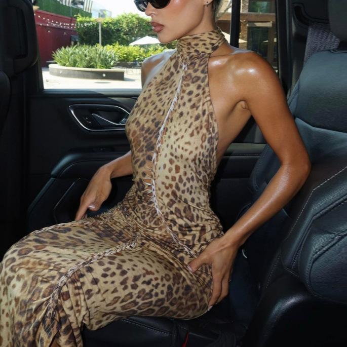European and American Style 2026 Summer New Product Sexy Backless Slim Strap Neck Print Dress Women