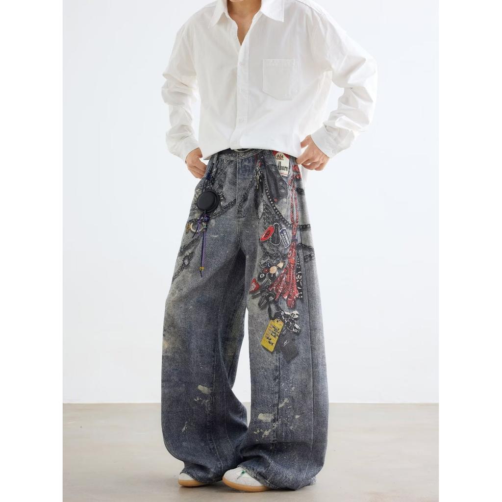 Men's Mid Rise Washed Cat Whisker Barrel Jeans Loose Wide Leg Denim Pants American Vintage High Street Y2K Casual Four Seasons Long Trousers