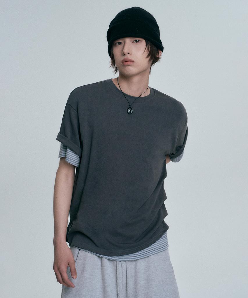 MOO Drape Fold Layered Short Sleeve Tee - Dark Gray