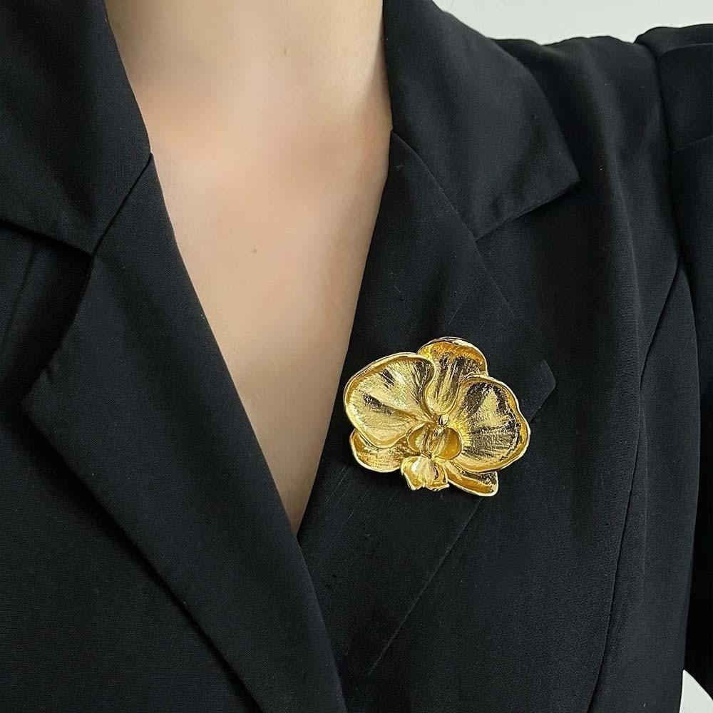 Vintage Butterfly Orchid Pin French Style Metal Glossy Brooch Orchid Flower Brooch  Gift