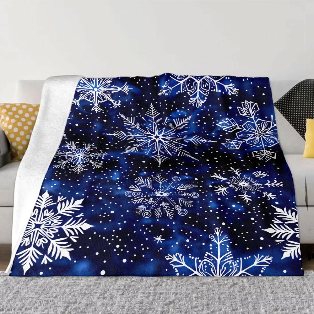 Winter Snowflake Blanket - Dark Blue Background with Intricate White Snowflakes & Whimsical Dots, Soft Cosy Printed Throw for