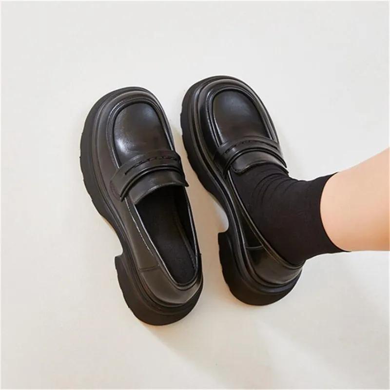 New Thick-soled College Style Casual Loafers Black Genuine Leather Fashion Pumps Girls Heels Shoes Female Women British Style