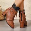 Round Toe Lace Up Side Zip Metal Buckle Soft Sole Pumps Spliced Lace Booties