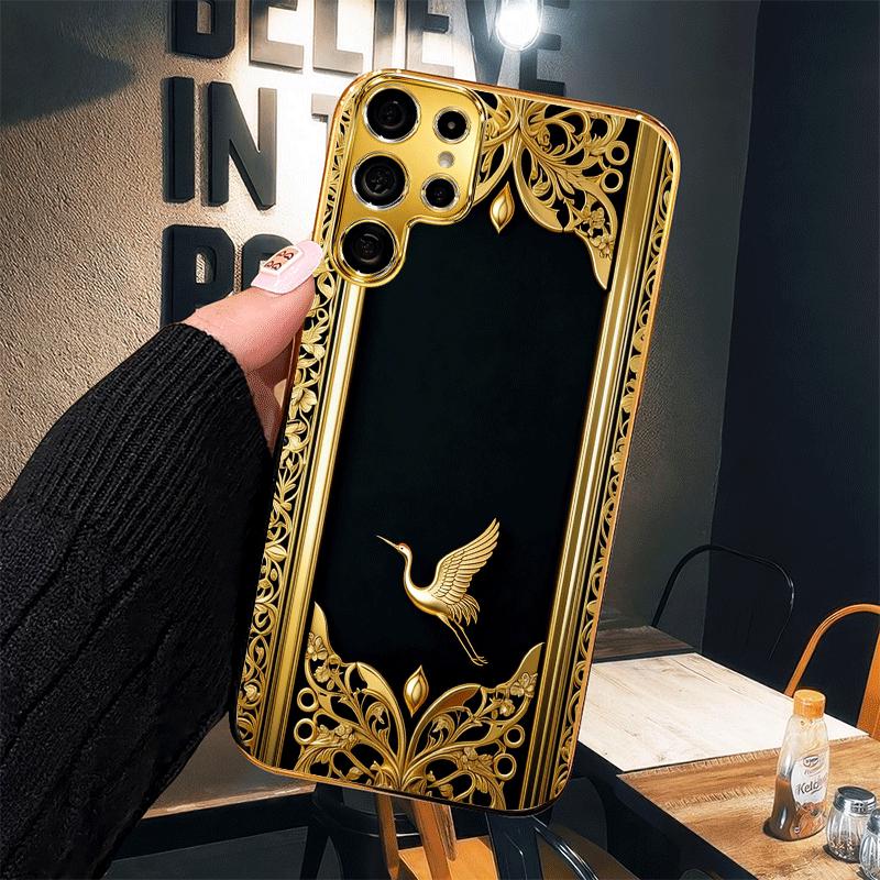 Schwarzgold Luxuriös Goldener Kran Hochwertige Galvanisierte Glas Handyhülle für Samsung Galaxy S26 S25 S24 S23 S22 FE, Ultra, Plus