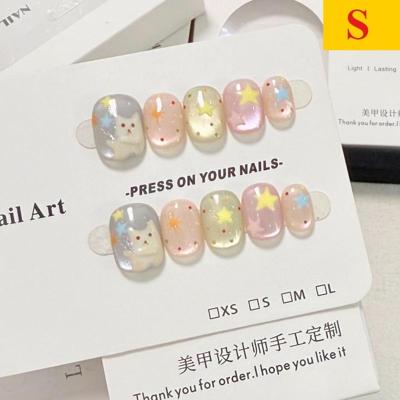 

New 10pcs Cute Handmade Press on Nails Glass Beads Detachable Wearable Cat s Eye False Nail Star Polka for Girls&Women Ins