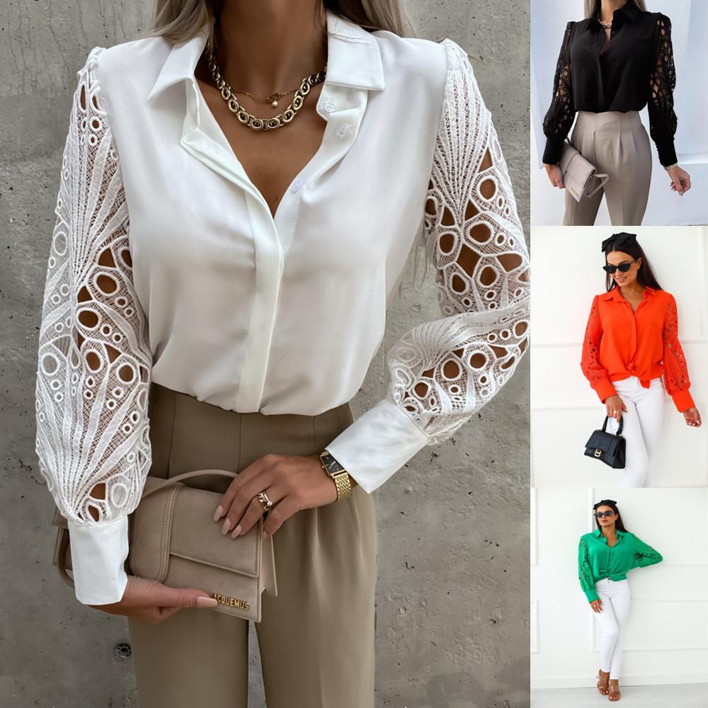 

Осенняя женская элегантная полая лоскутная рубашка, свободная однотонная блузка S белый