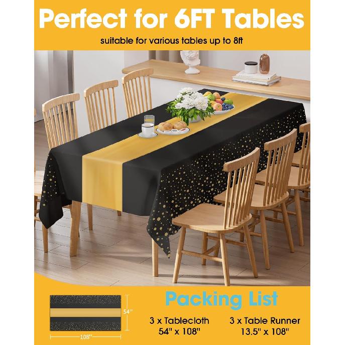 New Year Table Cloth for Rectangle Table and Table Runner Set - 3+3 Pack, Plastic Table Cloth Disposable, Black and Gold Tablecloth for Graduation