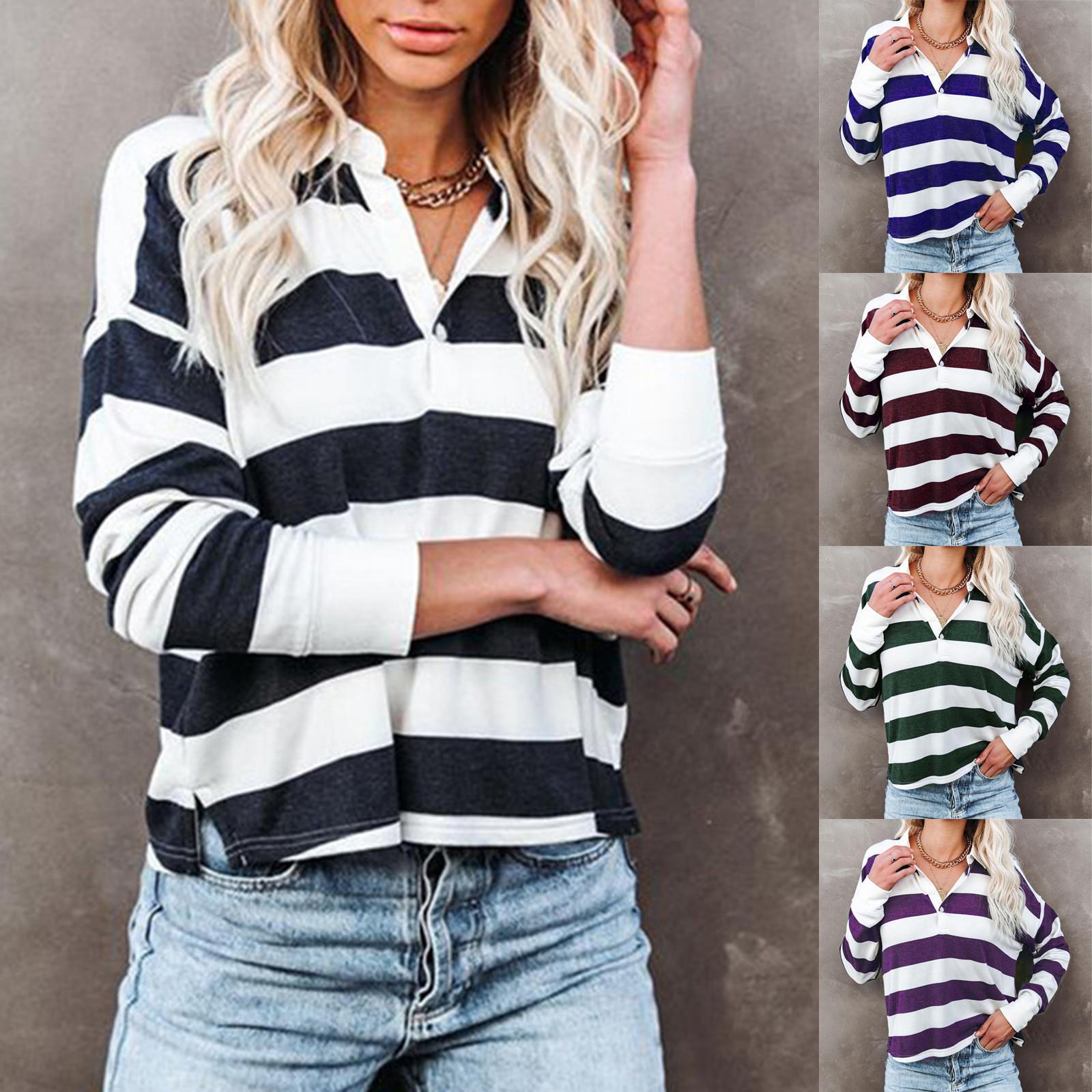 

Женская повседневная модная свободная футболка с длинными рукавами и отворотом с принтом в горизонтальную полоску L зелёный