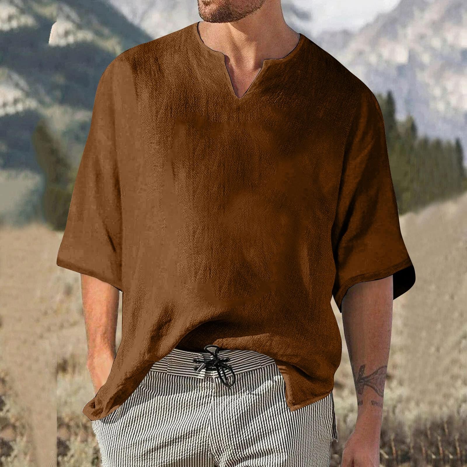 Мужской однотонный плиссированный топ с рукавом четверть, мужской топ с v-образным вырезом в стиле ретро XXXL коричневый