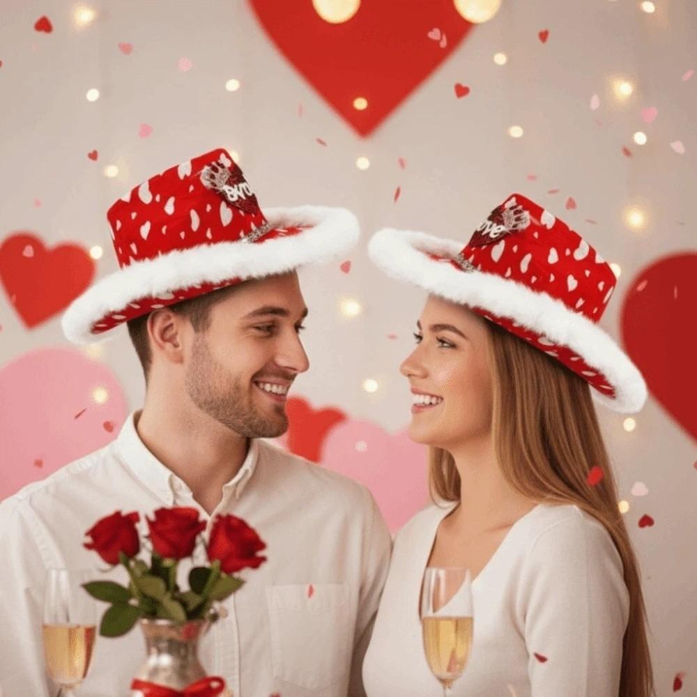 Wide Brim Cowgirls Top Hat Warmer Valentine's Day Party Hat Adjustable Red Heart Cowboy Cap  Men