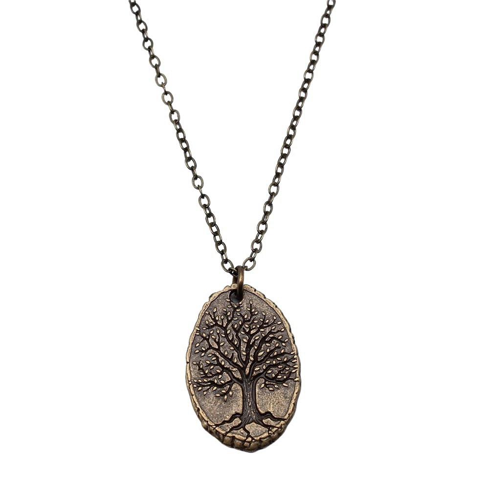 Vintage Rose Flower Charm Necklace Tree Of Life Pendant Antique Jewelry 43cm Chain