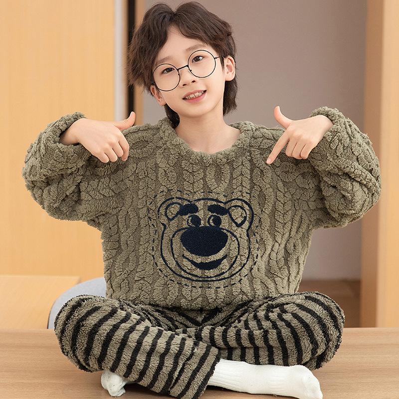 Kids Flannel Pajamas Set Boys Girls Warm Long Sleeve Top And Pants Sleepwear Winter Home Nightwear