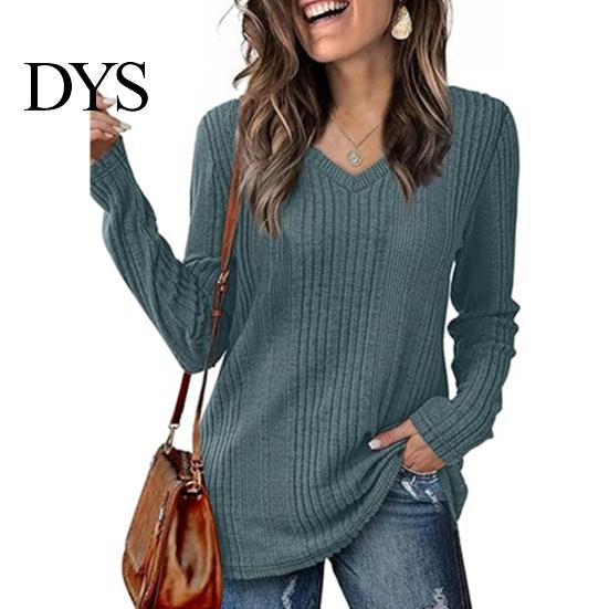 Damen Herbstkleidung Tunika Pullover V-Ausschnitt Langarm Einfarbig Gerippt Lässige Oberteile Schlanke Passform Gestrickt Locker