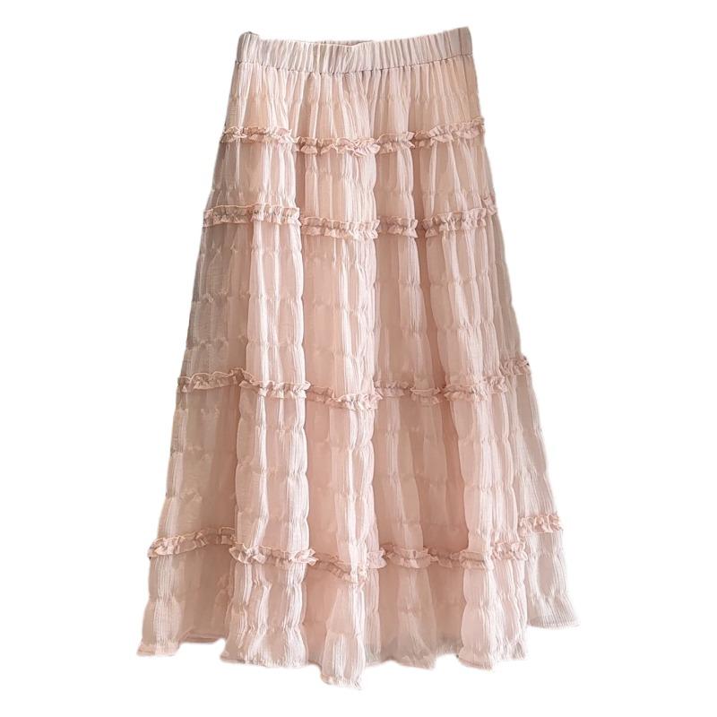 Texture fungus edge pink cake skirt female autumn and winter versatile drape high waist a word skirt big pendulum fairy skirt