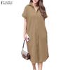 ZANZEA Vestido de camisa de manga curta de verão casual feminino com gola virada para baixo
