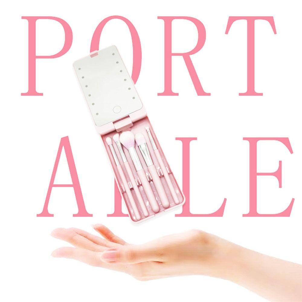 Rotatable Mirror LED Makeup Mirror Brush Set LED Lights Makeup Brush Box  Travel Use