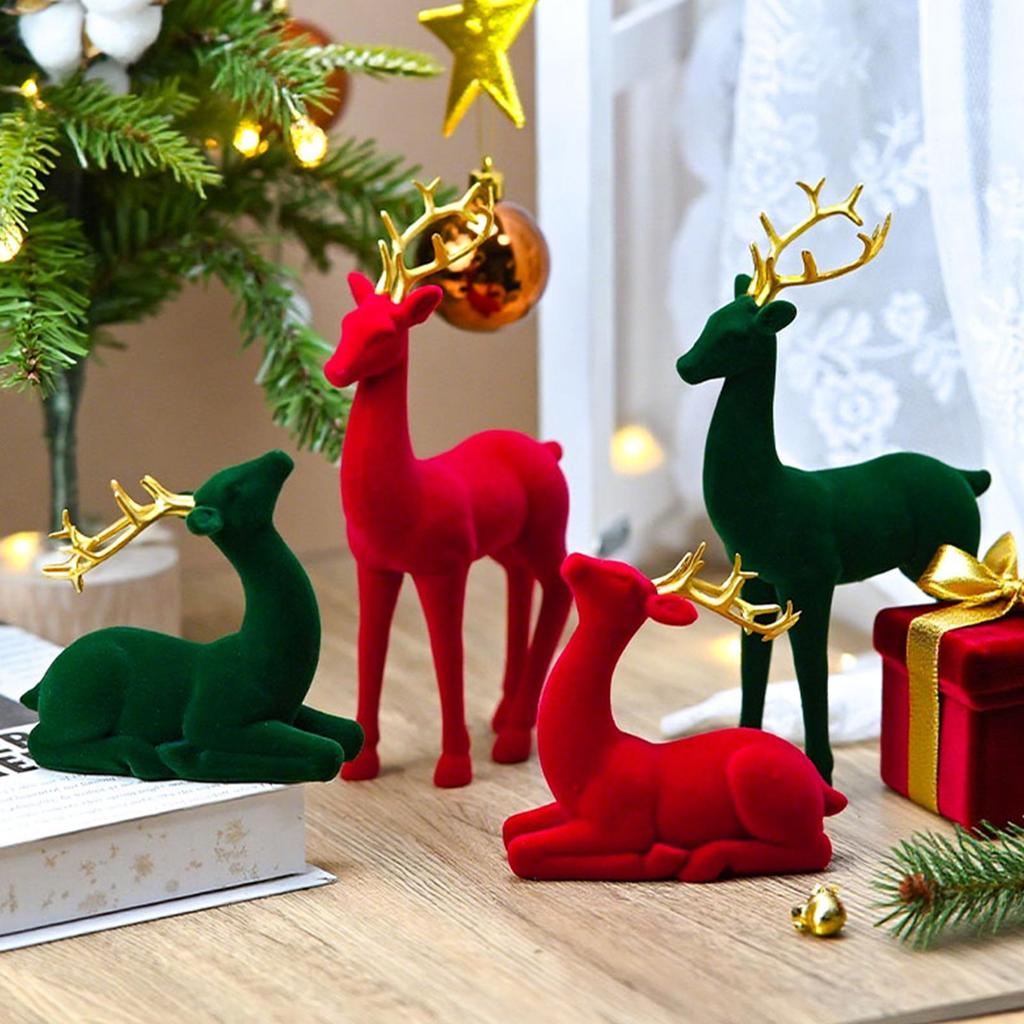 Christmas Reindeer Flocking Christmas Animals 2 Pieces Standing Sitting Sculpture Red Green Aesthetic Elk for Party Bedside