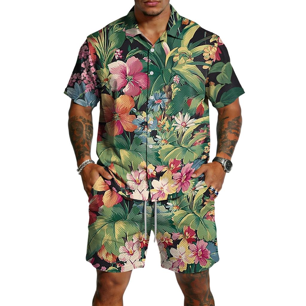 Men's Casual Printed Lightweight Breathable Shirt and Drawstring Shorts Set