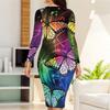 Plus Size Women Long Sleeve Round Neck Midi Dress Blue Tone Rose And Butterfly Print Fitted Bodycon Dress