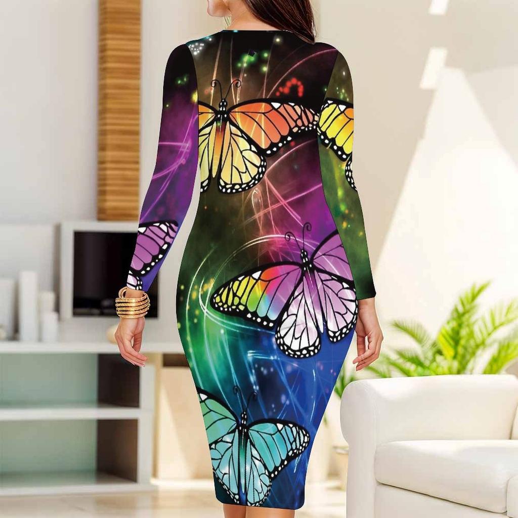 Plus Size Women Long Sleeve Round Neck Midi Dress Blue Tone Rose And Butterfly Print Fitted Bodycon Dress