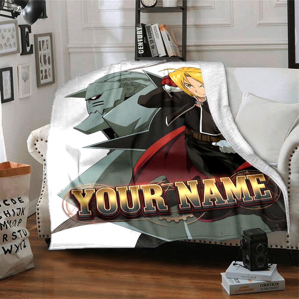 1pc Fullmetal Alchemist Blanket with Custom Name, Gift, for Men and Women, Soft Blanket, Good for Sofa Bed Couch Travel, Lightweight Flannel Blanket