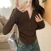 Card waist pleated long-sleeved T-shirt women's spring retro front shoulder button-up top design bottoming shirt