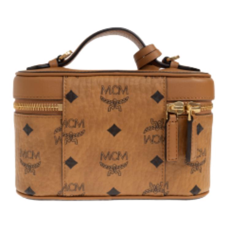 MCM Visetos Cognac-Leder Kosmetiktasche Crossbody-Tasche mit goldener Hardware für den täglichen Gebrauch & Reisen