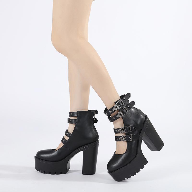 Gdgydh Goth Style Women Block Heels for Halloween Fashion Buckle Strap Dress Pumps Platform Mary Jane Shoes Stylish Back Zipper