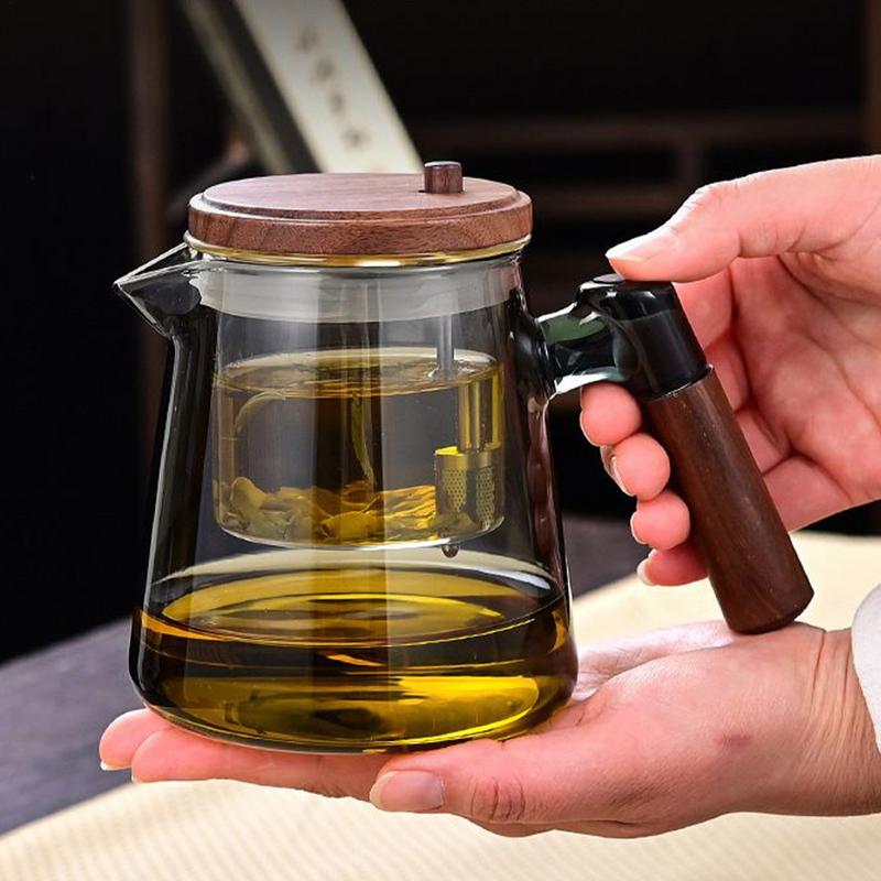 Glass Teapot with Wood Handle Filter Tea Pot Inner Tank Ergonomic Comfort Heat Resistant Tea Maker Kettle for Home Living Room