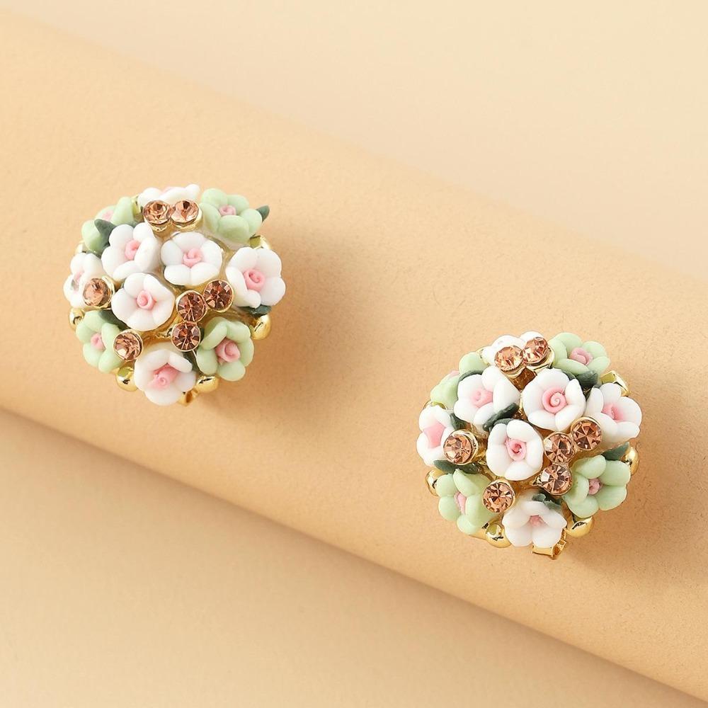 Romantic Ceramic Flower Rose Diamond Alloy Earrings Temperament Ear Buckle Exquisite Stud Earrings Jewelry Popular
