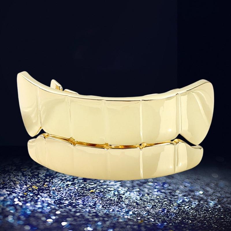 Connected Upper and Lower Tooth Grill Set, Mirror Finish Plated Metal Mouth Jewelry for Party and Stage Styling