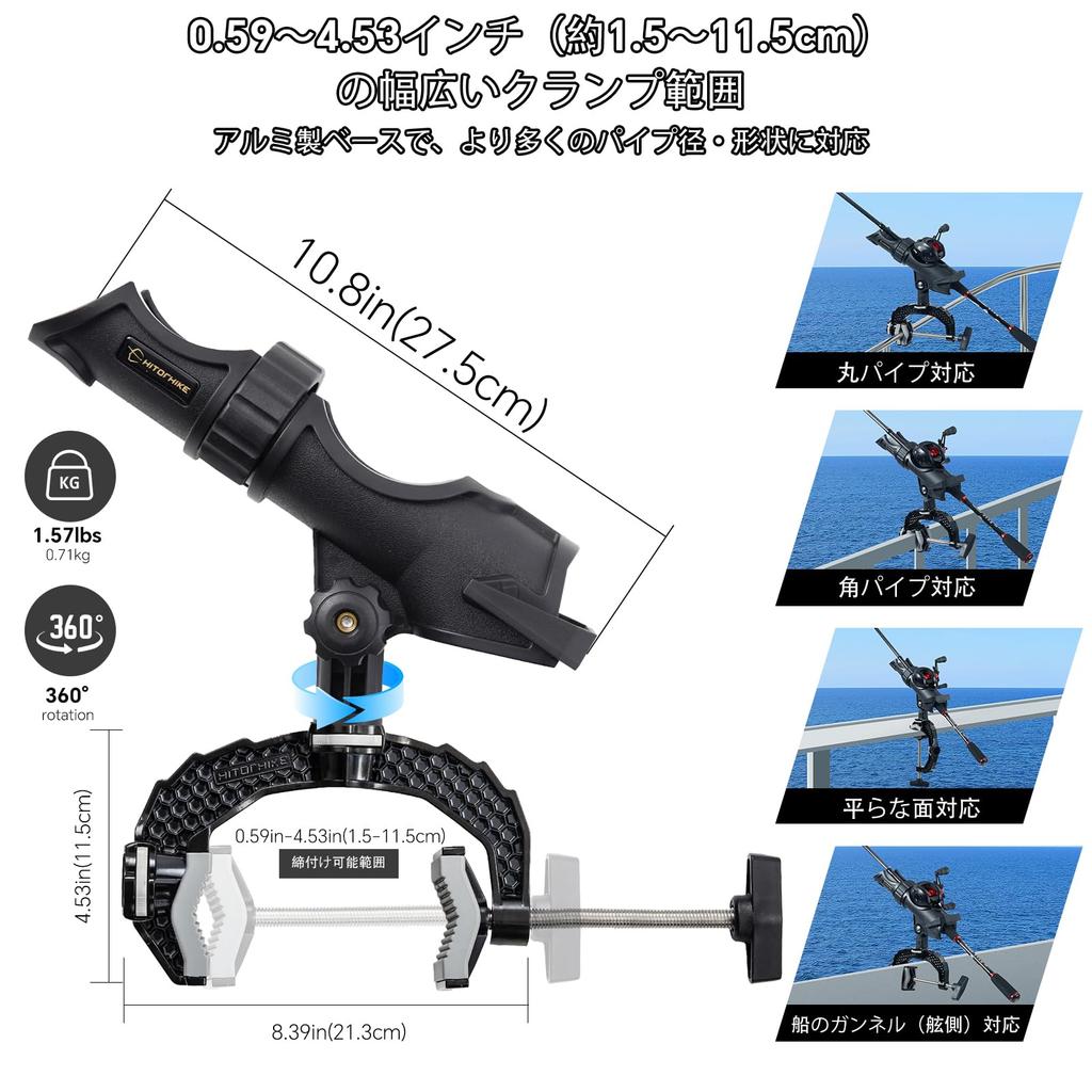 Hitorhike Power Lock Angelrutenhalter mit Aluminiumlegierungsbasis und Verriegelung, passend für runde und quadratische Rohre von bis zu Zoll Durchmesser, mit Ein-Klick-System,