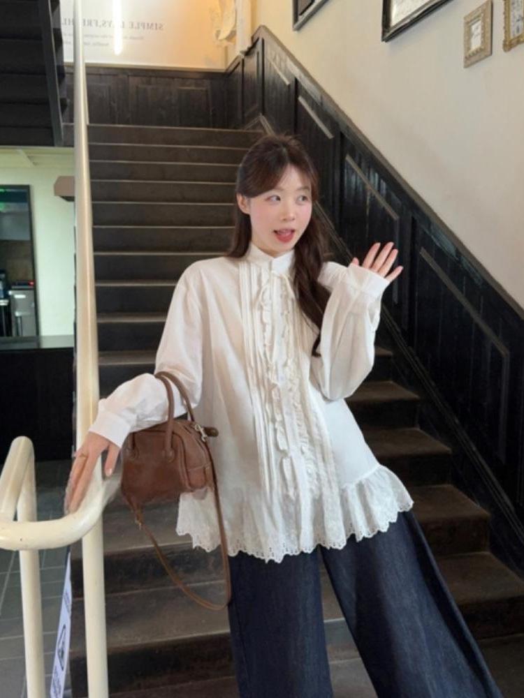 Autumn Lace Patchwork Tie-Up Stand Collar Long Sleeve Shirt for Women