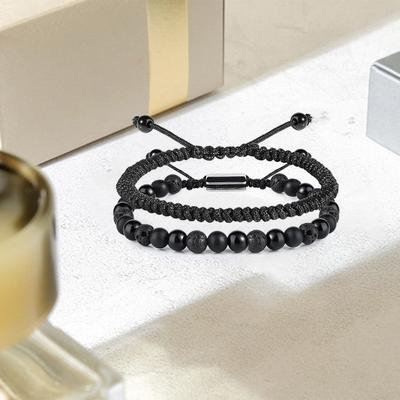 Yousheng 2 Peças Pulseira Masculina Tecida à Mão com Contas Lisa Ajustável Leve Pedra Ágata Fosca Pulseira de Cura Proteção Espiritual Presentes de Aniversário Homens