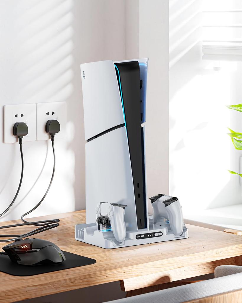 OLCLSS Vertical Stand for PS5 5 with Cooling Fan for Simultaneous Charging of Two and Easy White PS5 Slim Pro/PS Slim/PS5 Controllers. Space-saving