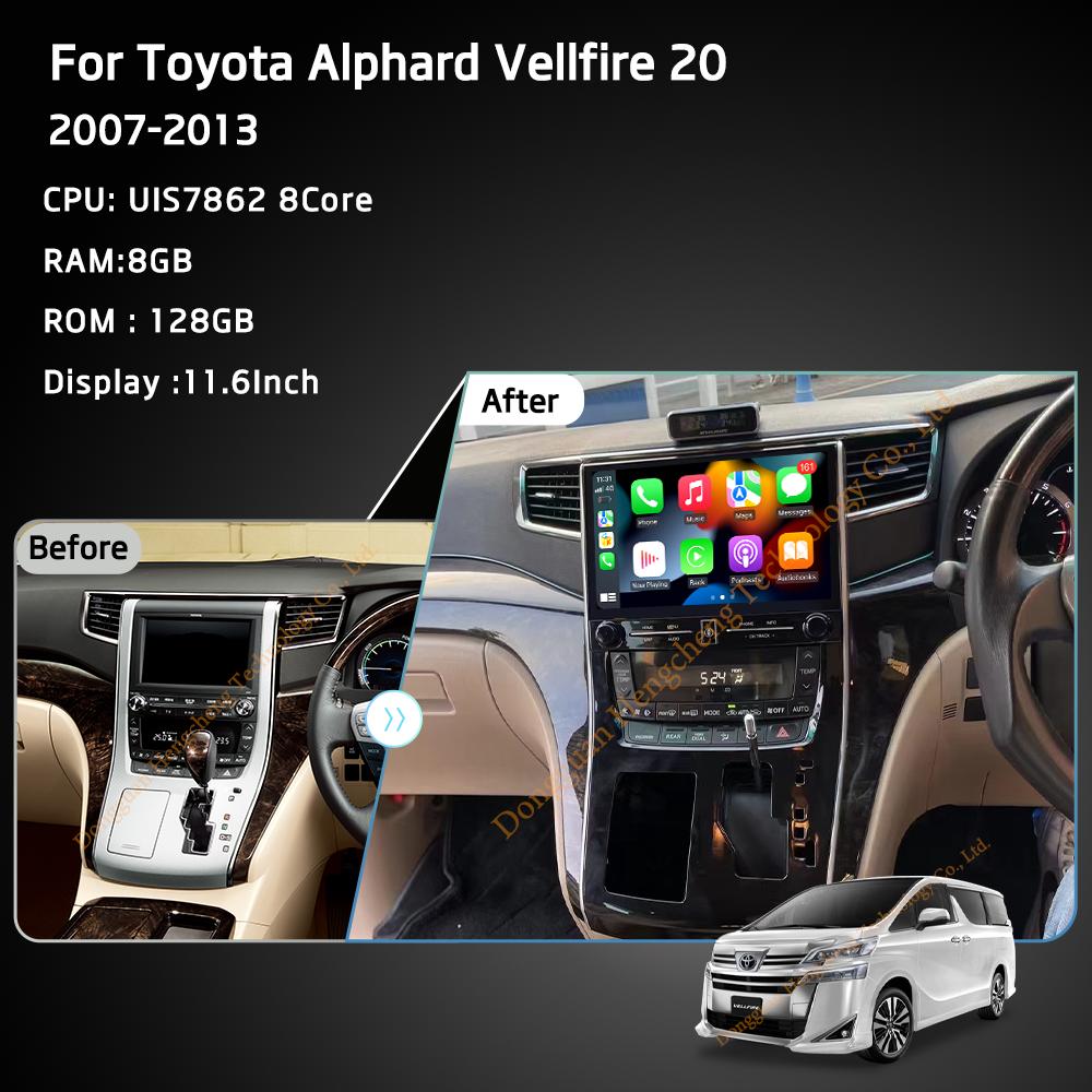 For Toyota Alphard Vellfire 20 2007-2013 Car Multimedia Video Player 11.6" GPS Navigation Android12 8Core CarPlay 4G 360Camera