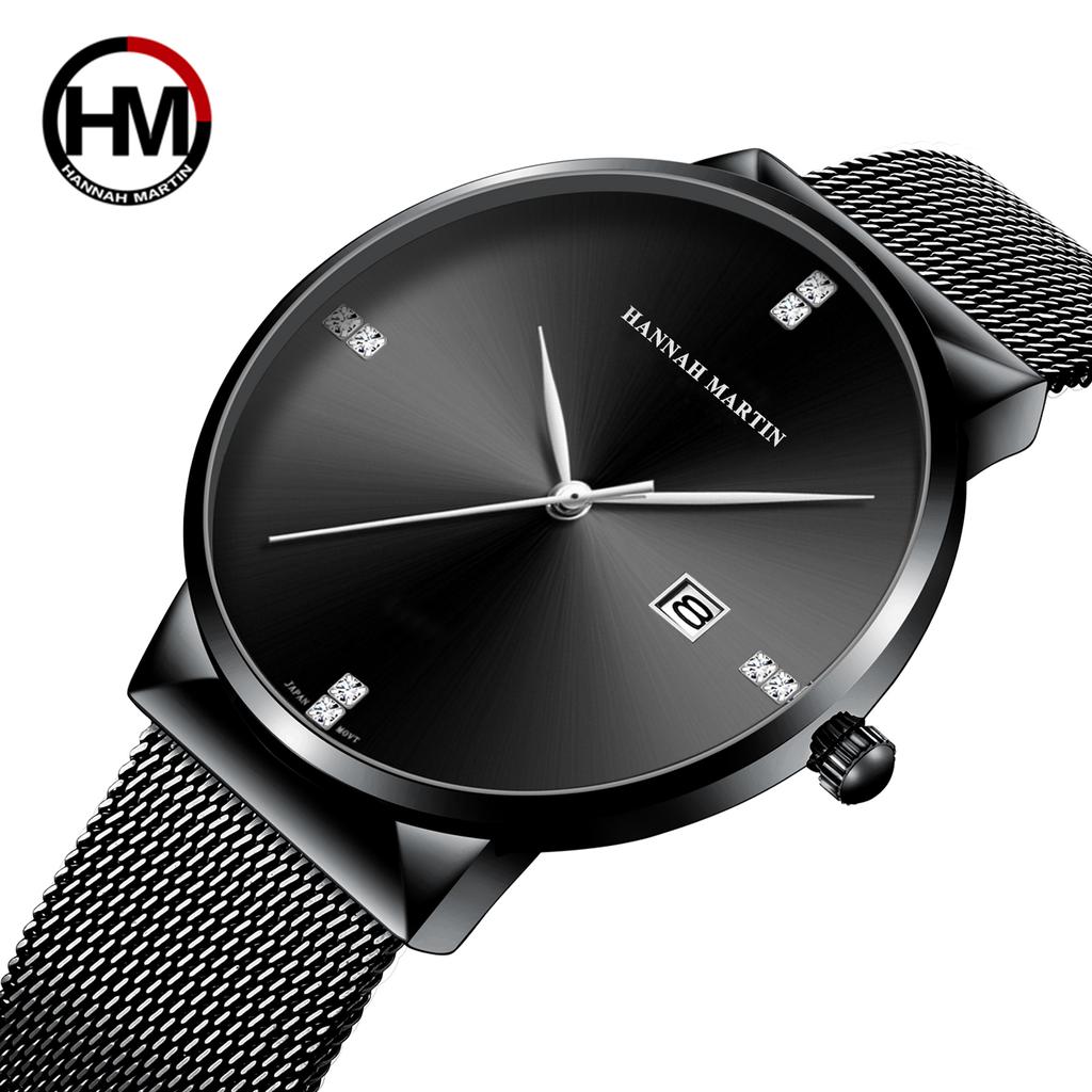 Men Rhinestone Watch Fashionable Luxury Business Style 40mm Simple Dial Stainless Steel Mesh Belt Japanese Quartz Movement Watch