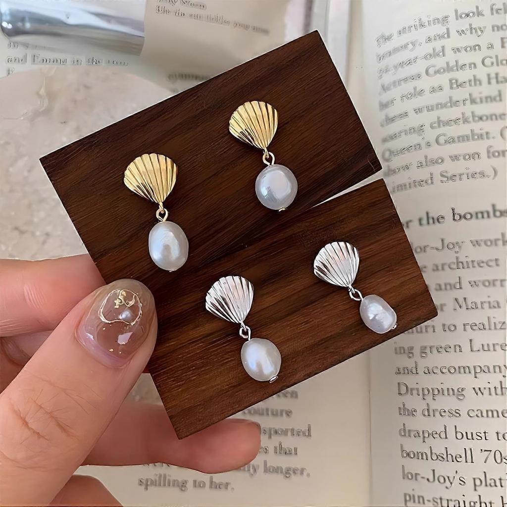 Brincos Pendentes de Pérola em Forma de Concha de Prata de Lei S925 para Mulheres Brincos Pendentes de Pérola Barroca em Forma de Concha Brincos Fofos de Concha Brincos Studs de Concha Brincos Pendentes de Concha